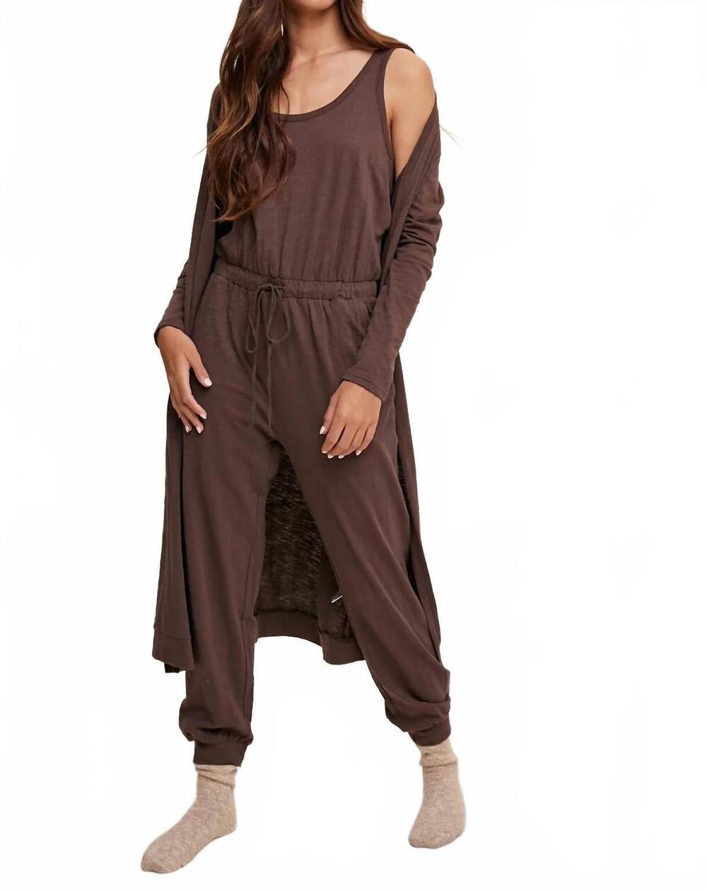 NEW LISTICLE jumpsuit and long cardigan set in mocha